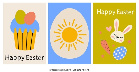 Bright and cheerful Easter decorations featuring cupcakes, eggs, and bunnies on colorful backgrounds