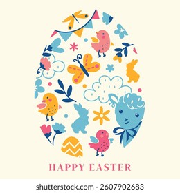 Bright and cheerful Easter egg composition featuring playful animals, flowers, and festive elements. Isolated modern clip art. Colorful vector flat decor element for greeting cards, holiday posters