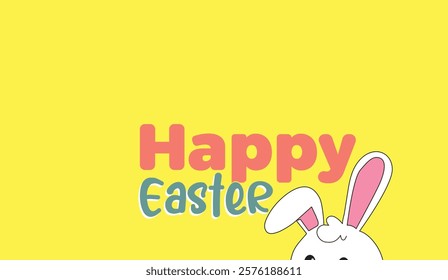 A Bright and Cheerful Easter Greeting, Featuring a Cute Bunny Peeking Out with Bold "Happy Easter" Text on a Sunny Yellow Background,