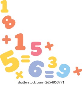 Diseño plano brillante y alegre de números y símbolos de matemáticas coloridos para materiales de aprendizaje de los niños, juegos de conteo o temas educativos.