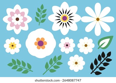 Bright and cheerful flat vector floral set with white, pink, and yellow flowers on a pastel blue background. Nature-themed decorative clipart.