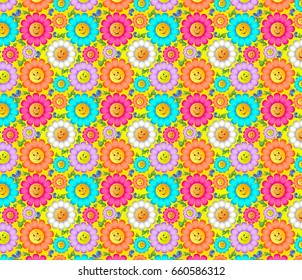 Bright, cheerful flowers and butterflies, a pattern