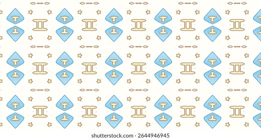 Bright and cheerful Gemini zodiac seamless pattern with blue and cream tones. Features astrology symbols and stars in a fun, hand-drawn style for creative use.