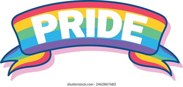 Bright and cheerful graphic illustration of a rainbow-colored banner with the word 'PRIDE' in bold white letters.