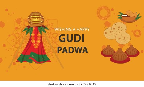 Bright and cheerful Gudi Padwa greeting with a vibrant Gudi (flagpole) decorated with marigold flowers, mango leaves, and a colorful cloth. Traditional sweets like modaks and cookies are placed alongs