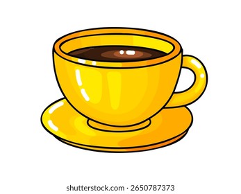 Bright and cheerful hand drawn doodle illustration of a yellow coffee cup filled with dark coffee resting on a matching saucer. Inviting digital artwork ideal for illustrating coffee breaks, morning r