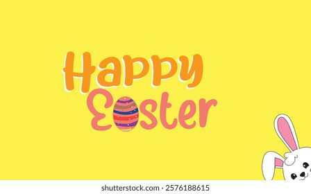 A Bright and Cheerful Happy Easter Greeting with a Colorful Egg and a Playful Peeking Bunny Against a Sunny Yellow Backdrop for Festive Celebrations