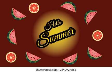 Bright and cheerful Hello Summer greeting card featuring juicy watermelon and citrus slices. Fun and colorful seasonal design perfect for summer promotions, party invitations, social media post.