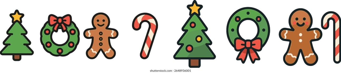 Ícones de feriado brilhantes e alegres exibem figuras de gengibre, bengalas de doces, árvores de Natal e coroas festivas. Ideal para melhorar as decorações sazonais e temas festivos.