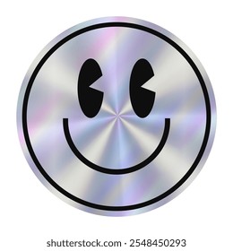 Smiley holográfico brilhante e alegre design de rosto com olhos pretos arrojados e boca em um fundo brilhante. O adesivo vibrante do holograma captura a luz lindamente