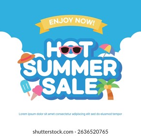 Bright and cheerful 'Hot Summer Sale' banner with tropical elements like sunglasses, ice cream, palm trees, hats and parasols. Perfect design for vacation, travel and summer season promotions.