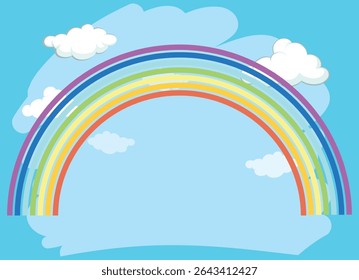 A bright and cheerful illustration of a colorful rainbow arching across a clear blue sky with fluffy white clouds
