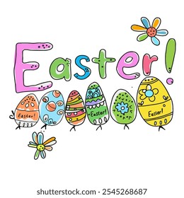  A bright and cheerful illustration dedicated to Easter, with colorfully decorated eggs and flowers creating a festive mood for the spring holiday.