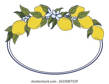 A bright and cheerful illustration featuring a wreath of vibrant yellow lemons decorated with green leaves and white flowers. The design includes an empty oval space perfect for personalizing text or 