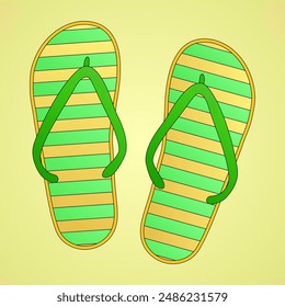 Bright and cheerful illustration of green and yellow flip flops. Perfect for summertime themes, beach activities, and vacation designs.