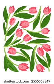 Bright and cheerful illustration of pink tulips with green leaves in retro 60s style. Interior poster symbolizing spring, growth, and natural beauty in vector minimalistic style