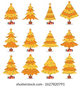 Bright and cheerful illustration showing a variety of decorated golden Christmas trees with gifts. Perfect for holiday themes, seasonal celebrations, and Christmas-related designs and concepts.