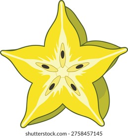 A bright and cheerful illustration of a star fruit slice, showcasing its unique star shape and juicy interior with visible seeds.