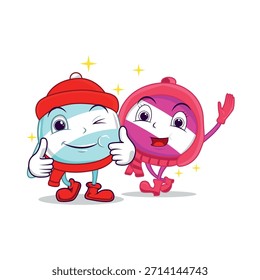 Ilustración brillante y alegre de dos personajes de caramelo con atributos de invierno como sombreros y bufandas. Estilo de dibujos animados juguetón con colores vibrantes, perfecto para diseños de vacaciones, promociones de invierno