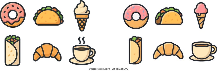 Bright and cheerful illustrations depict various food items such as tacos, donuts, ice cream cones, and coffee. The playful designs create a fun and inviting atmosphere that celebrates food.