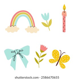 Bright and cheerful illustrations featuring a rainbow, flowers, a candle, a bow, and a butterfly