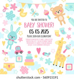 Bright, cheerful invitation to baby shower  party. Template invitation to a children's party for girls and boys.