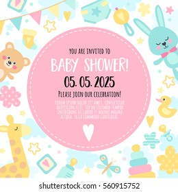 Bright, cheerful invitation to baby shower  party. Template invitation to a children's party for girls and boys.