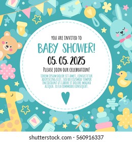 Bright, cheerful invitation to baby shower  party. Template invitation to a children's party for boys.