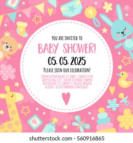 Bright, cheerful invitation to baby shower  party. Template invitation to a children's party for girls.