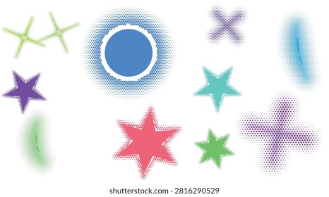 Bright and cheerful isolated vector illustration featuring abstract stars, circles, and swirls in vibrant colors on a clean white background. Perfect for creative projects and educational materials.