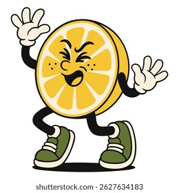 Bright and cheerful lemon slice buddy dancing with wide smile, perfect for juice branding, refreshing summer campaigns, and playful promotional graphics.