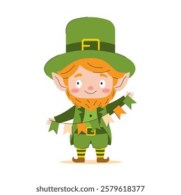 A bright and cheerful leprechaun holds a garland of colorful flags. His smile and festive mood convey the atmosphere of St. Patrick's Day. 