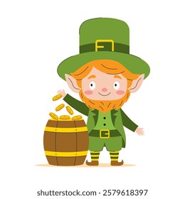 A bright and cheerful leprechaun in a traditional green costume scatters gold coins from a barrel. Perfect image for celebrating St. Patrick's Day and other Irish holidays.