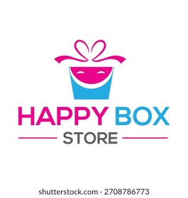 Um design de logotipo brilhante e alegre com uma caixa de presente estilizada com um rosto sorridente, simbolizando felicidade, surpresa e positividade. A combinação vibrante de rosa magenta e azul céu