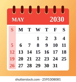 Bright and cheerful May 2030 calendar. Ideal for vacation planning, scheduling, and tracking deadlines.