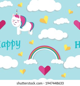 Bright and cheerful patter with ponies, rainbows and clouds. Vector image