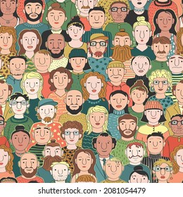 Bright cheerful pattern with faces of many different people