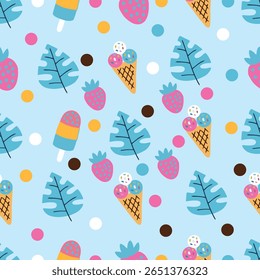 Motif lumineux et gai, avec des cônes de crème glacée colorés et des feuilles enjouées sur fond bleu clair. 