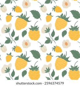 Bright and cheerful pattern featuring yellow pineapples and white flowers on a simple white background