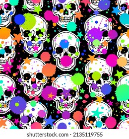 bright cheerful pattern of human skulls and multicolored splashes of paint