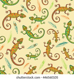 
Bright cheerful pattern with lizards and feathers