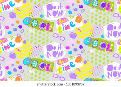 a  bright and cheerful pattern with motivational phrases written by hand cool, best time, do it now on a gray background with multi-colored scribbles drawn by hand