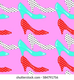 Bright cheerful pattern of vintage high heels pumps shoes on a pink background. Multicolored glossy shoes with polka dots. Universal print for textiles, wallpaper, fabrics. Vector EPS 8