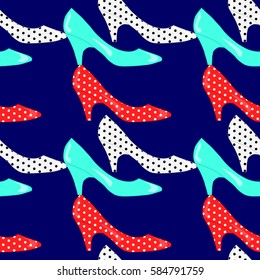 Bright cheerful pattern of vintage high heels pumps shoes on a blue background. Multicolored glossy shoes with polka dots. Universal print for textiles, wallpaper, fabrics. Vector EPS 8