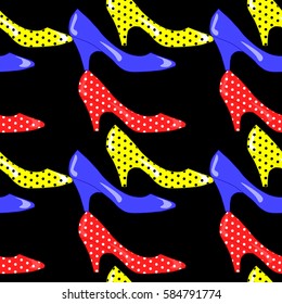 Bright cheerful pattern of vintage high heels pumps shoes on a black background. Multicolored glossy shoes with polka dots. Universal print for textiles, wallpaper, fabrics. Vector EPS 8