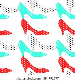 Bright cheerful pattern of vintage high heels pumps shoes on a white background. Multicolored glossy shoes with polka dots. Universal print for textiles, wallpaper, fabrics. Vector EPS 8