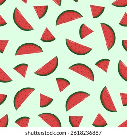 A bright and cheerful pattern with watermelon slices on a soft green background. The design uses watermelon slices of different shapes and sizes, creating a playful and fresh atmosphere. No outline