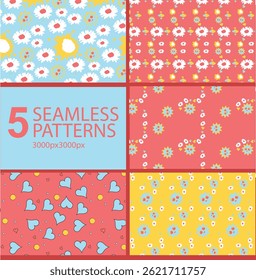 Bright and cheerful patterns with sunflowers, hearts, and handwritten “mom” elements perfect for kids' gifts.