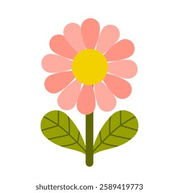 A bright and cheerful pink daisy with a yellow center and green leaves. Cute and minimalistic flower illustration, perfect for stickers, greeting cards, digital artwork, and nature-themed designs.