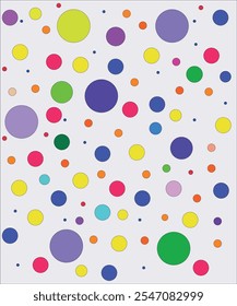 Bright and cheerful polka dot pattern featuring multicolored circles of varying sizes scattered across a light background. Perfect for playful designs and creative projects.
